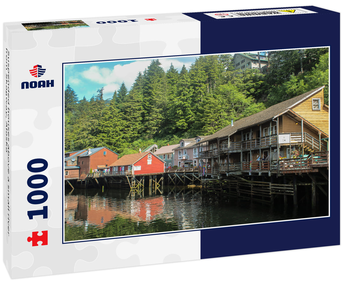 Suspended houses above a small river from Skagway, Alaska