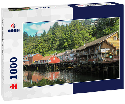 Suspended houses above a small river from Skagway, Alaska