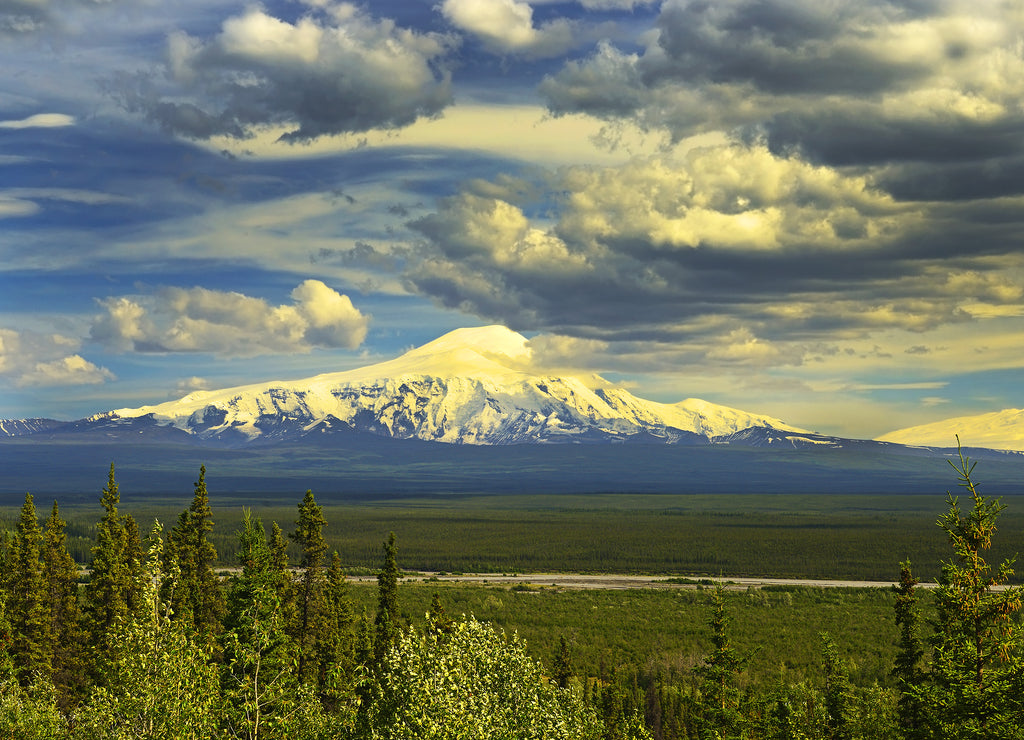 View of Mount Sanford in Wrangell and Saint Elias National Park above the Copper River Valley