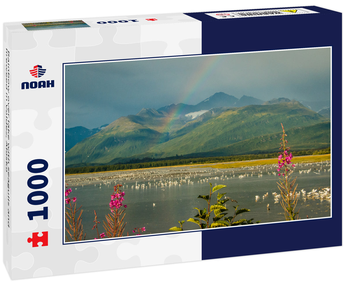 Rainbow over lake with seagulls and fireweed in Valdez, Alaska