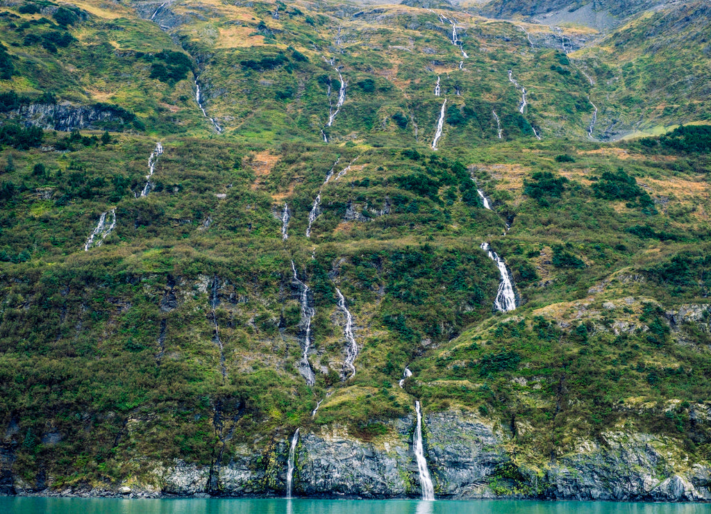 Many waterfall made of mountain creeks, Valdez, Alaska