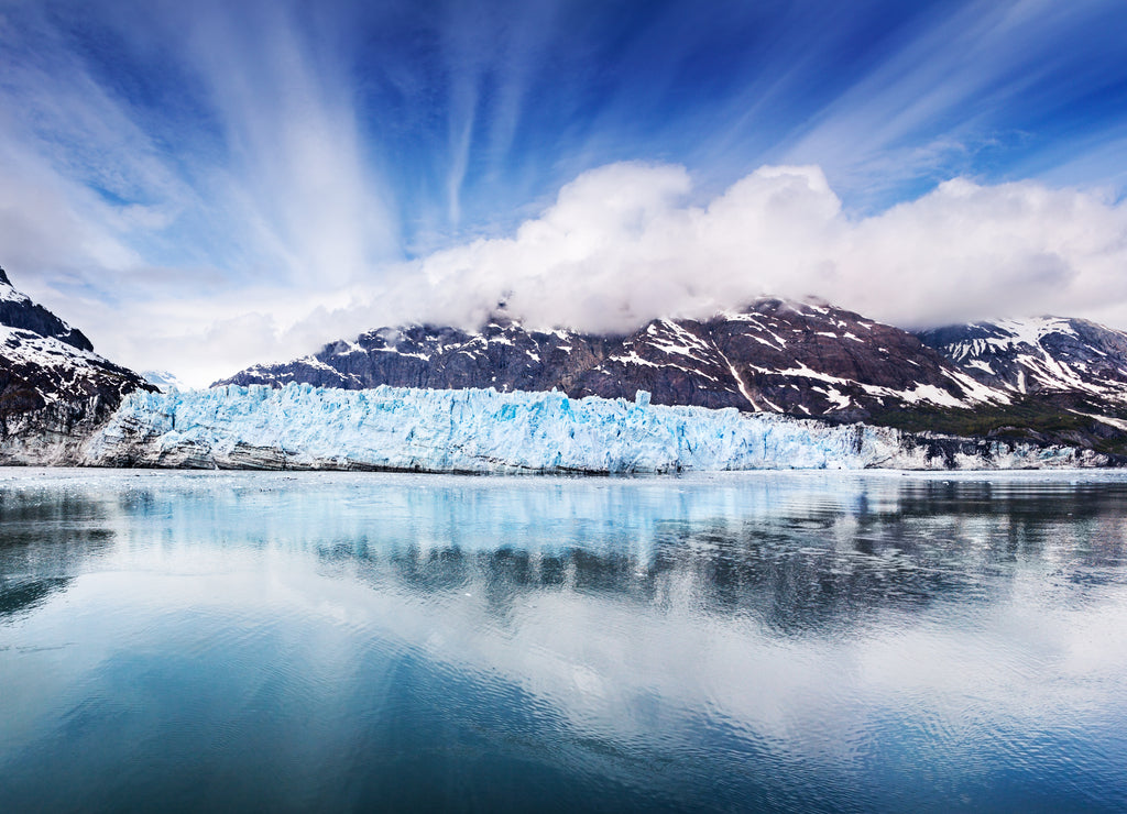 Panoramic view of the face of Margarie Glacier in Glacier Bay National Park, Alaska