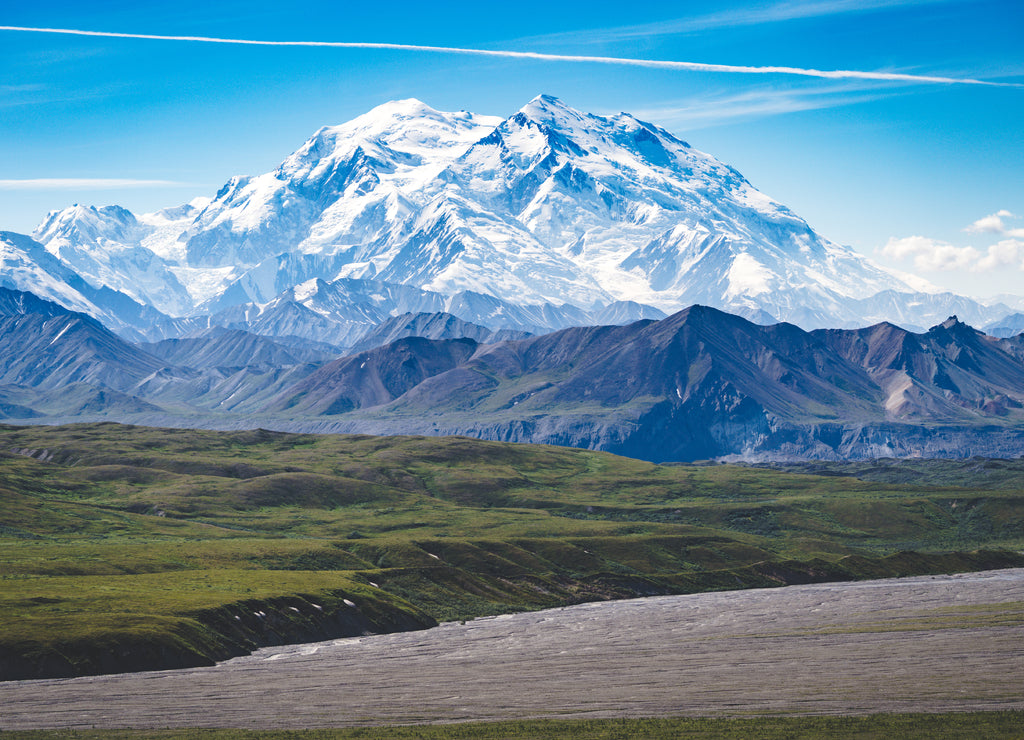 Beautiful unobstructed view of Mt Denali (McKinley) on a sunny summer day, Alaska