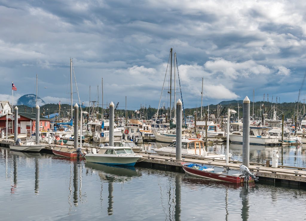 Busy Alaskan boat harbor on a cloudy day