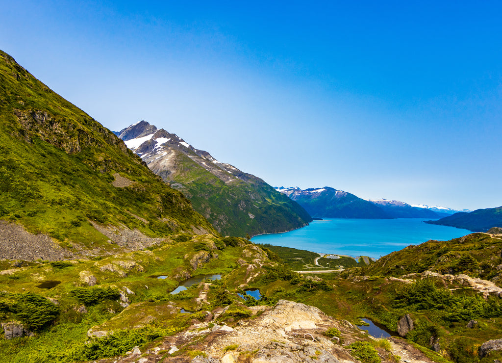 View of Prince William Sound as seen from the top of Portage Pass, Alaska. Native Americans used this pass to travel from Prince William Sound to Turnagain Arm