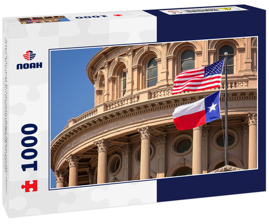 American and Texas state flags flying on the dome of the Texas State Capitol building in Austin