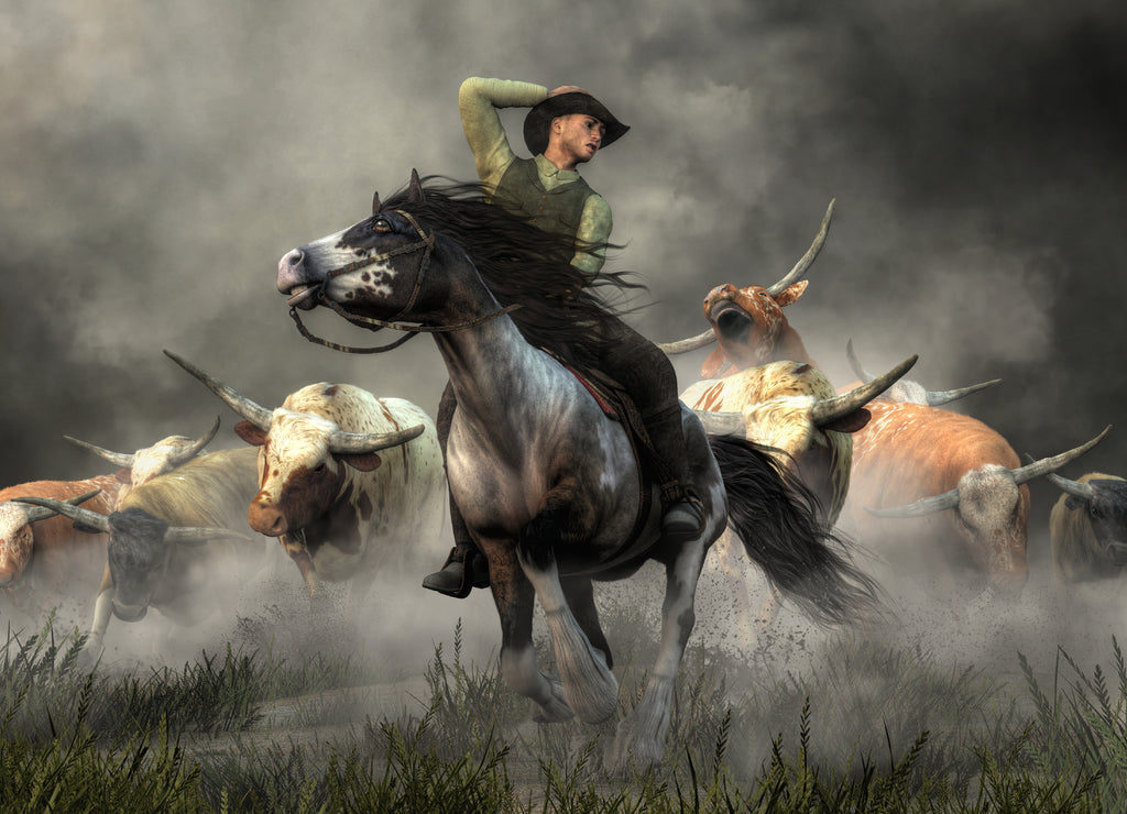 In the American Wild West, a cowboy on horseback rides for his life. Behind him, in a storm of dust, a herd of longhorn cattle stampedes after him, Texas