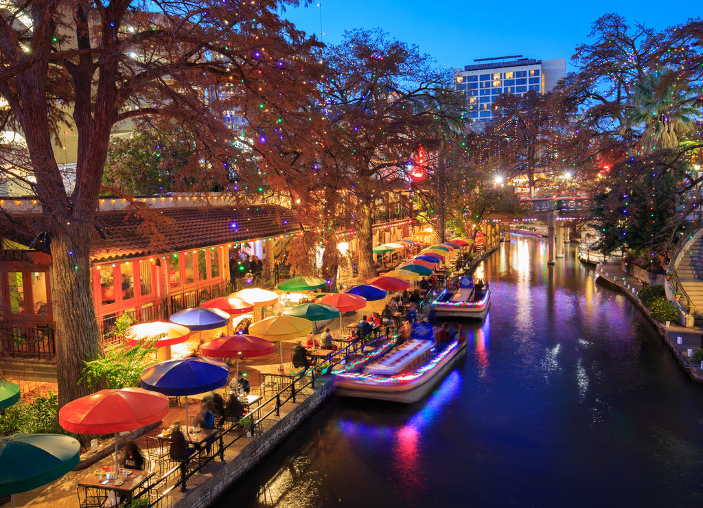 River Walk in San Antonio Texas in colorful Christmas light