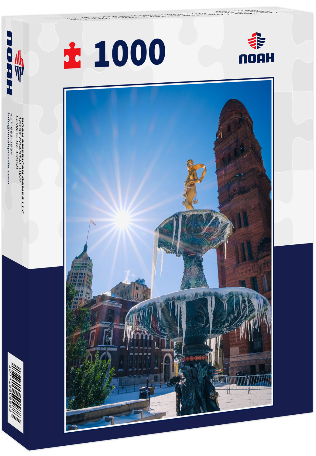 Snow Day at the Bexar County Courthouse in San Antonio Texas. Frozen fountain with icicles at the courthouse