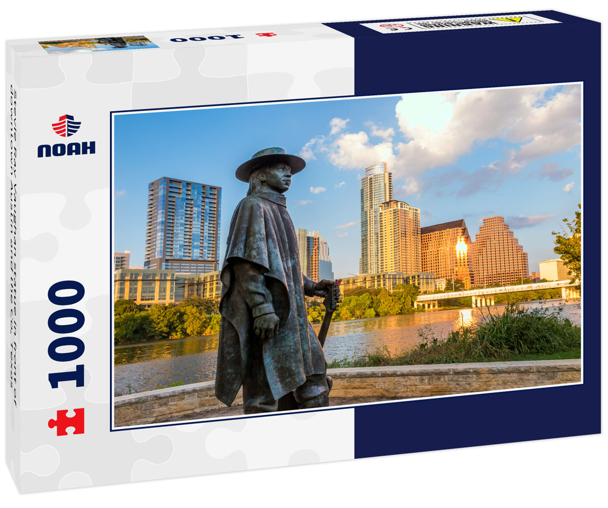 Stevie Ray Vaughan statue in front of downtown Austin and the Co, Texas