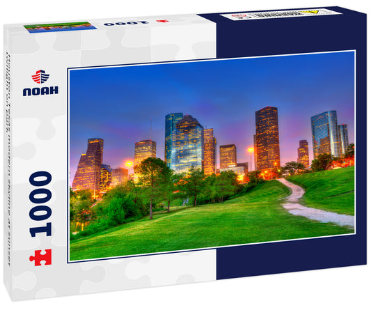 Houston Texas modern skyline at sunset twilight on park