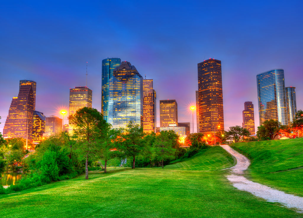 Houston Texas modern skyline at sunset twilight on park