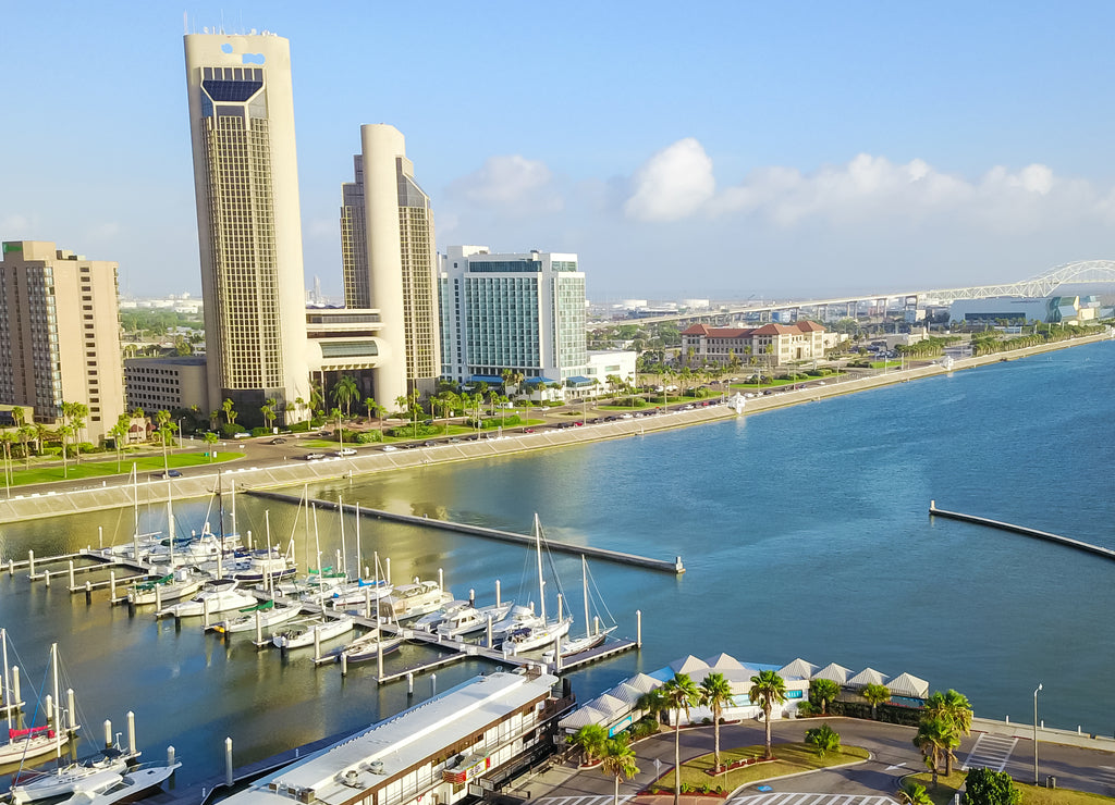 Panorama aerial view Bayfront area of Corpus Christi with skylines and marina piers row of boat, sailboat and yacht at sunrise. City harbor bridge far right in distance. A Texas city on Gulf of Mexico