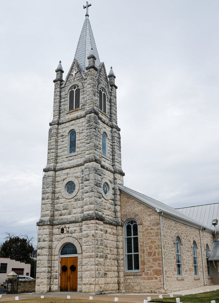 A low angle view of Lutheran church in Fredericksburg, Texas, USA