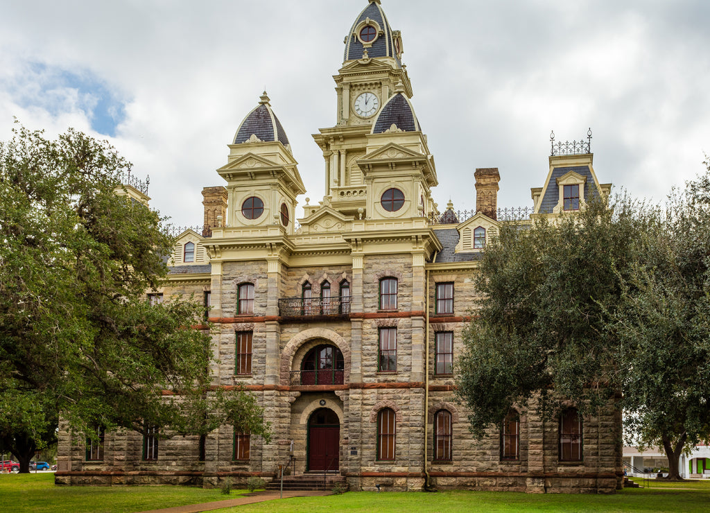 Built in 1894 of local, rough-cut limestone, the Goliad County (Texas) Courthouse is still in active use today