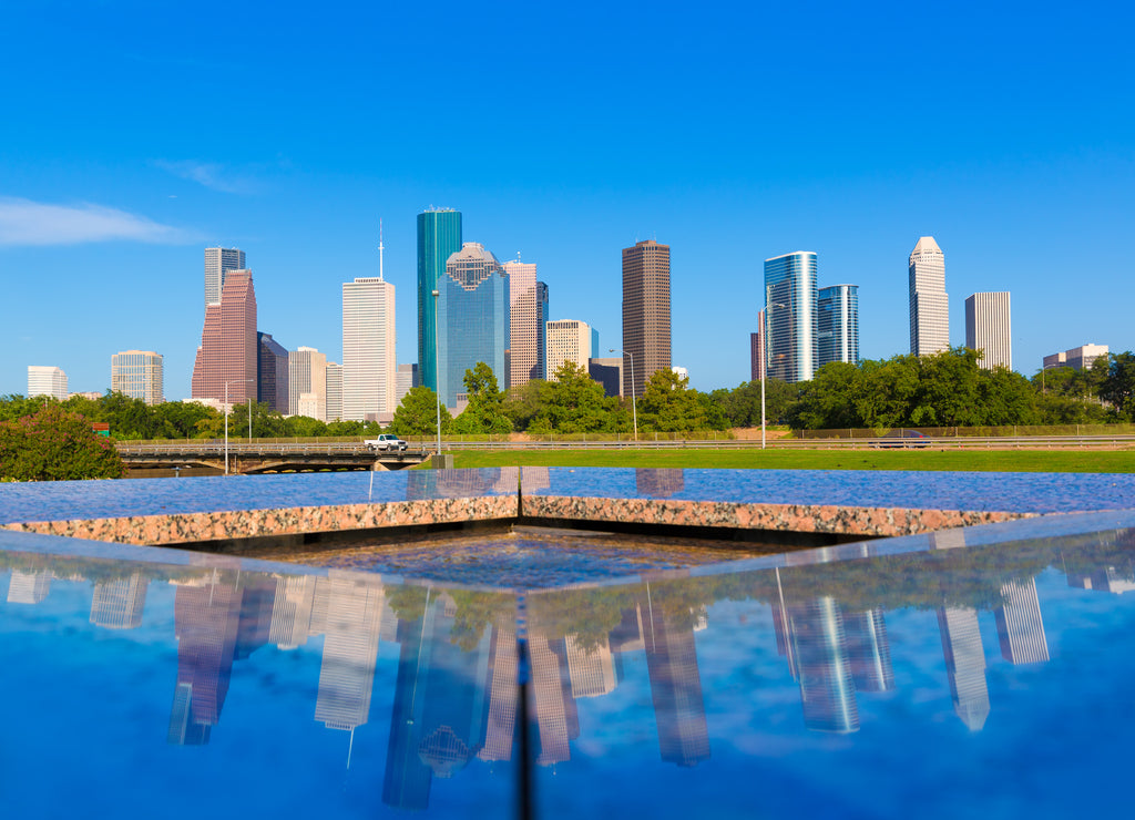 Houston skyline and Memorial reflection Texas US