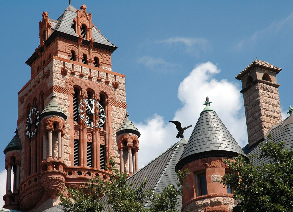 courthouse clock tower & eagle in waxahachie, texas