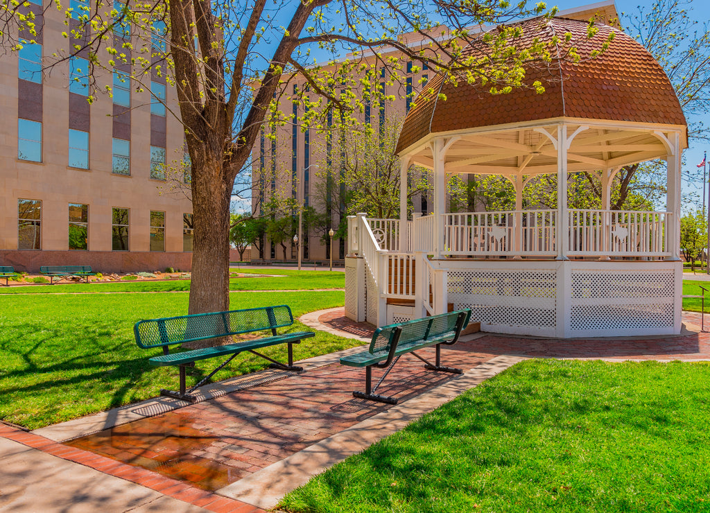 The Lubbock Town square with Gazebo in the downtown area stands in front of Lubbock County Courthouse, Texas