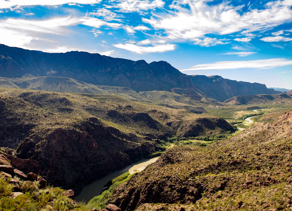 view of the Rio Grande river on the border of Mexico and the United States from a lookout in Presidio County, Texas