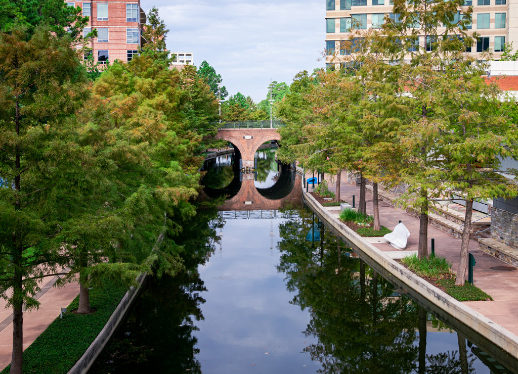 Sidewalks along the waterway in the Woodlands, Texas