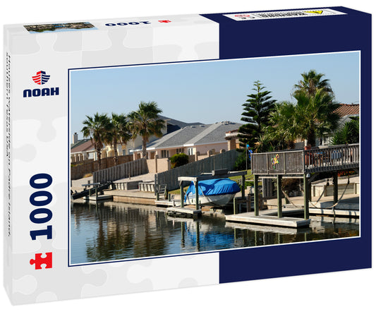 Houses waterside on Padre Island, southern Texas USA