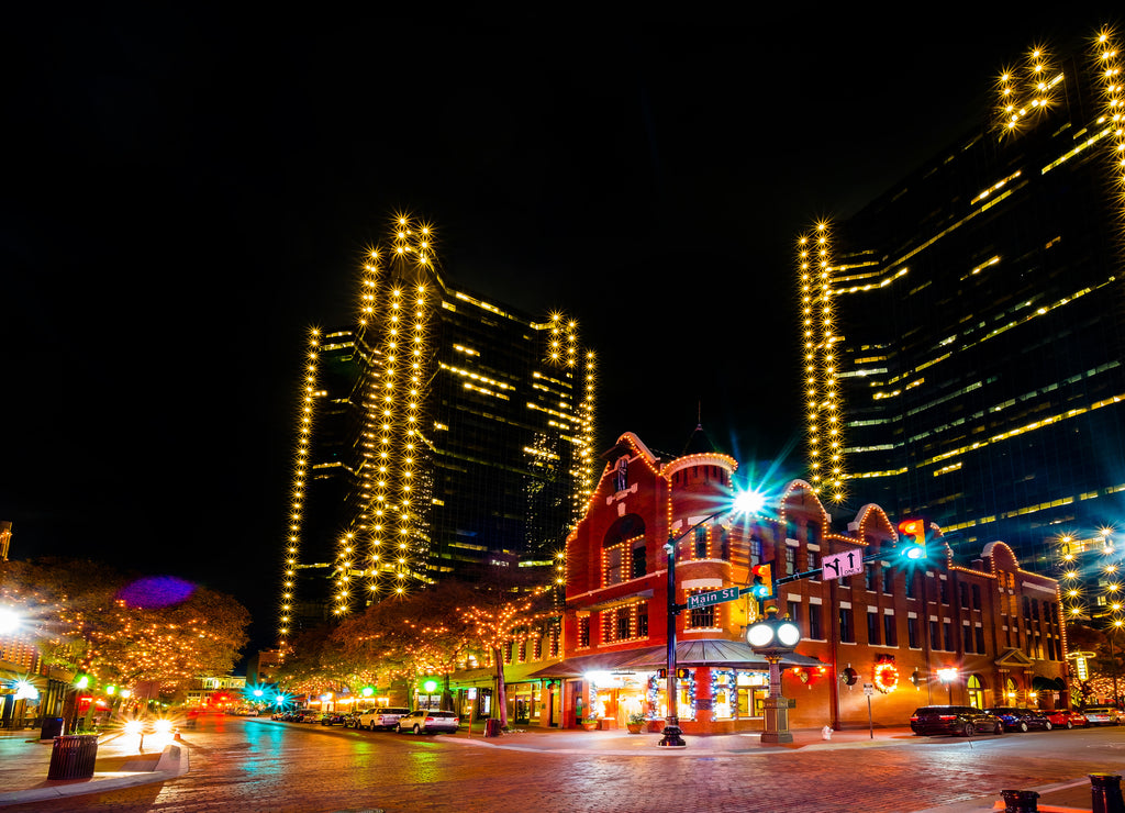 Texas Street at Night Downtown Fort Worth, Texas, USA