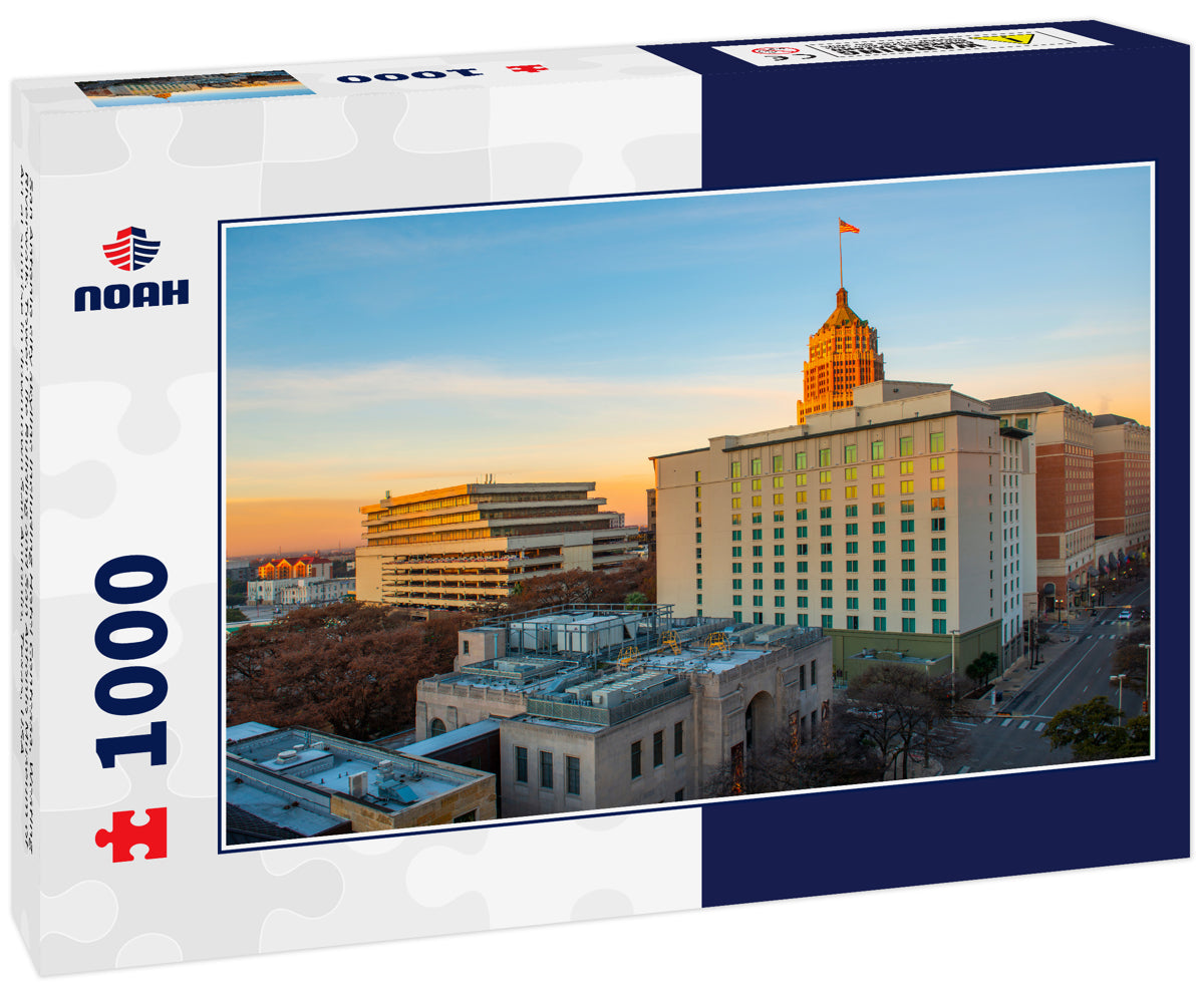 San Antonio city skyline including Hotel Contessa, Westing Riverwalk, Tower Life Building and San Antonio Museum of Art at sunrise in downtown San Antonio, Texas, USA