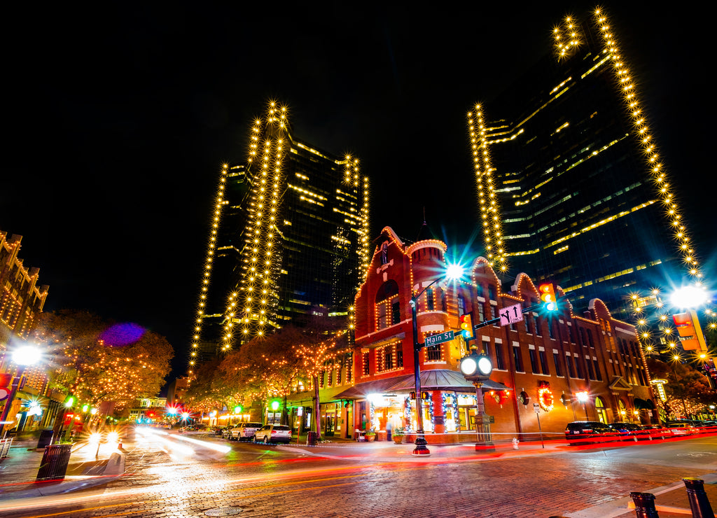 Texas Street at Night Downtown Fort Worth, Texas, USA,