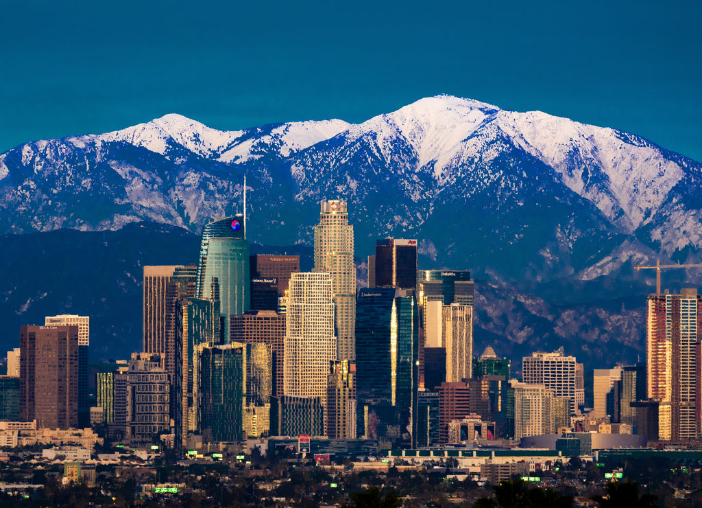 City of Angeles - Los Angeles Skyline framed by San Bernadino Mountains and Mount Baldy with fresh snow from Kenneth Hahn State Park
