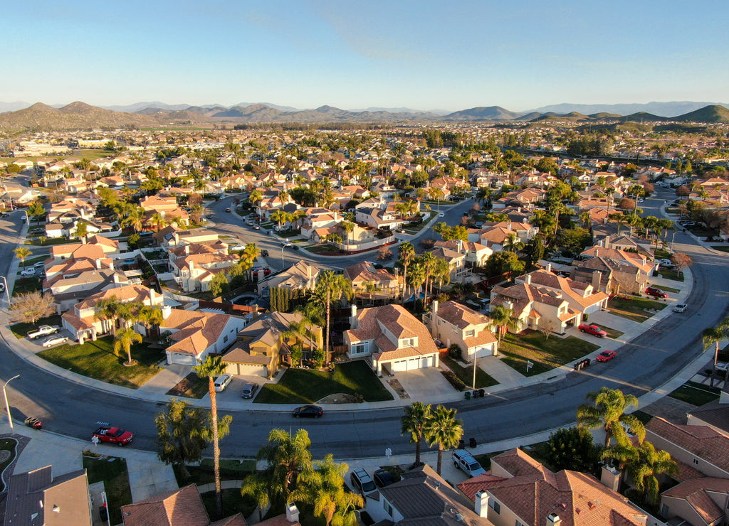 Aerial view of Menifee neighborhood, residential subdivision vila during sunset. Riverside County, California, United States