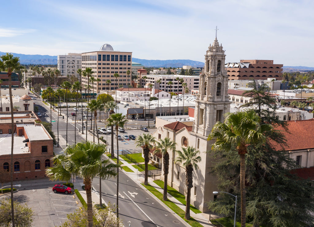 Aerial view of the historic skyline of downtown Riverside, California, USA