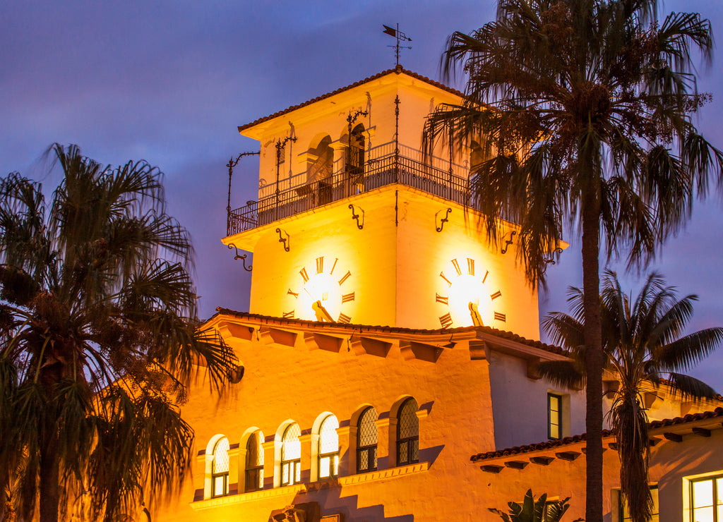 bell tower at dusk, Santa Barbara County Court House, Santa Barbara, California