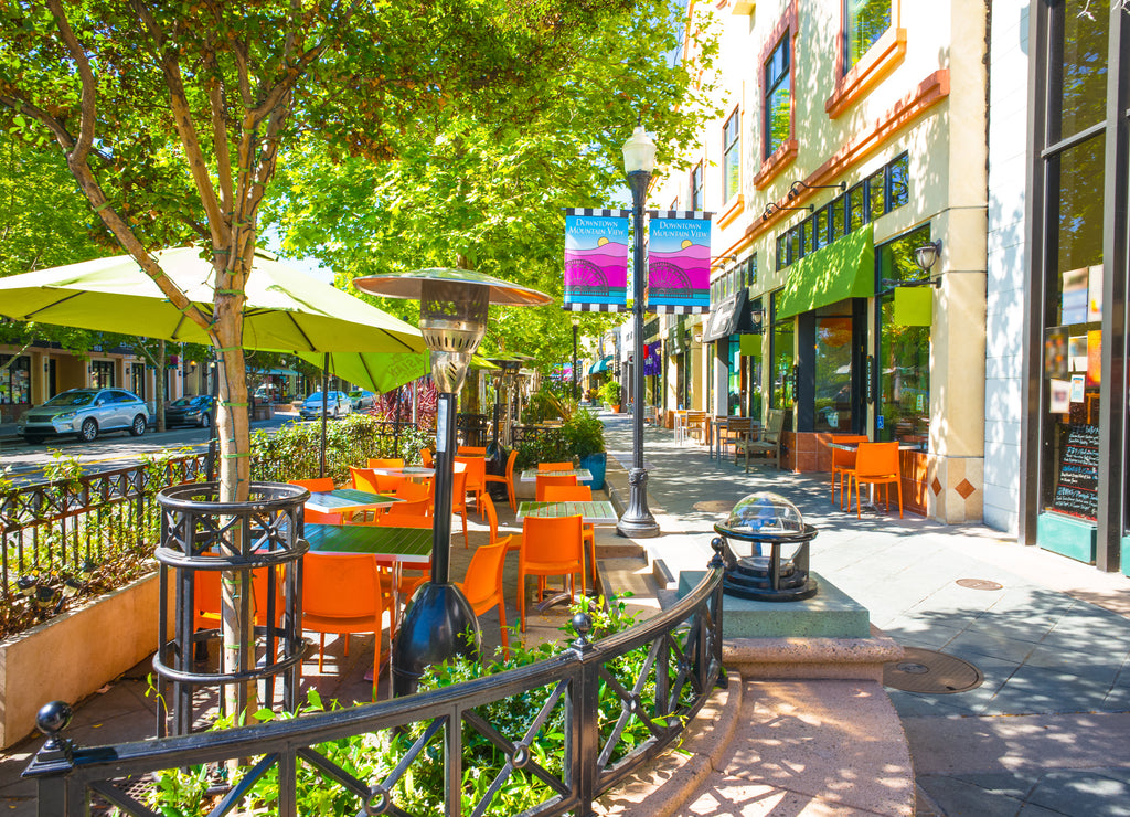 Castro Street in downtown Mountain View, California, USA. Morning sunshine