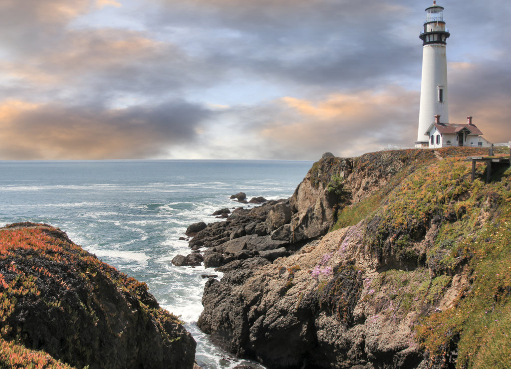 Dramatic sunset over Pigeon Point Light Station. Pescadero, San Mateo County, California, USA