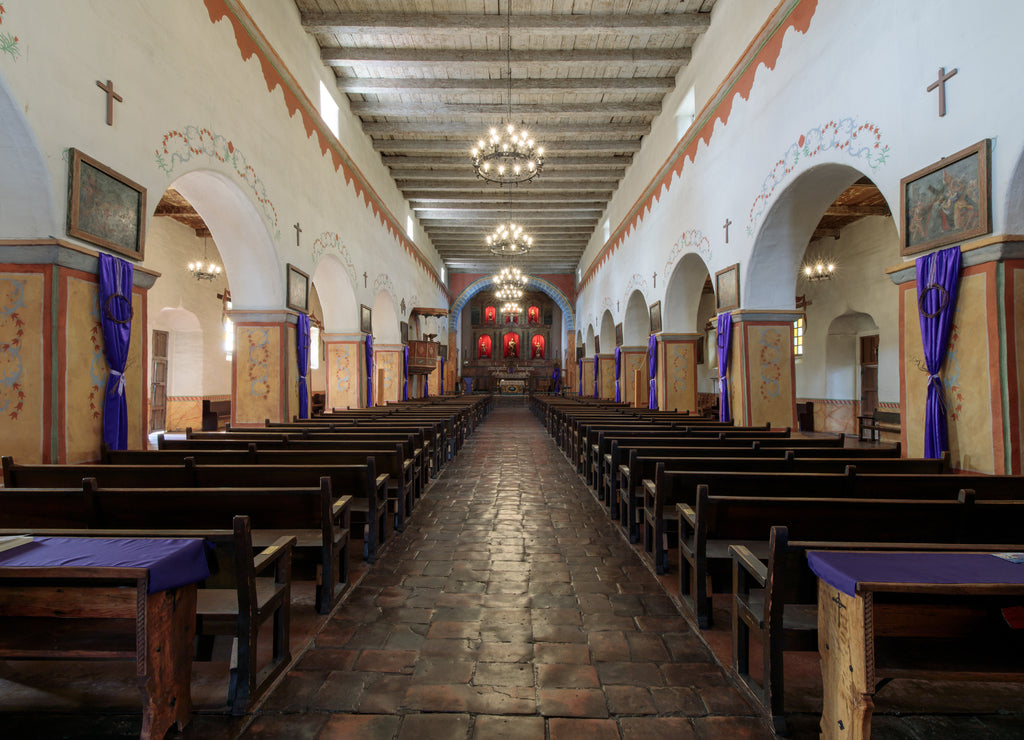 Interior of Church of Old Mission San Juan Bautista. Mission San Juan Bautista is a Spanish mission in San Juan Bautista, San Benito County, California