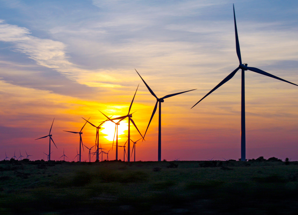 Wind turbines at sunset, Oklahoma landscape