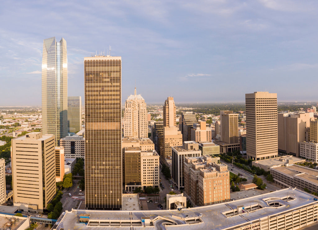 Aerial panorama of downtown Oklahoma City at dawn