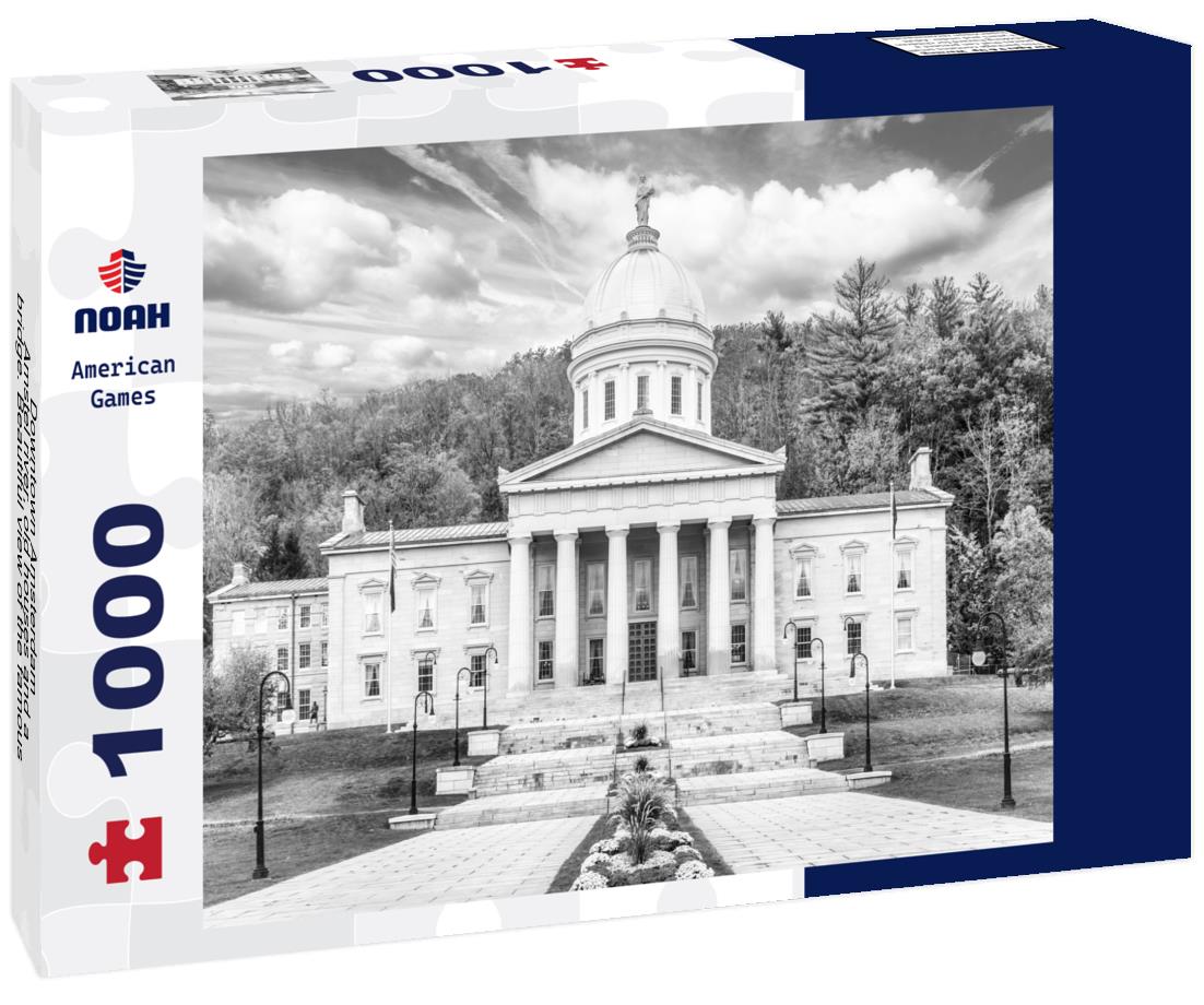 Noah Jigsaw Puzzle Downtown Amsterdam - Amstel river, old houses and a bridge. Beautiful view of the famous city of Amsterdam in black white 1000 pieces