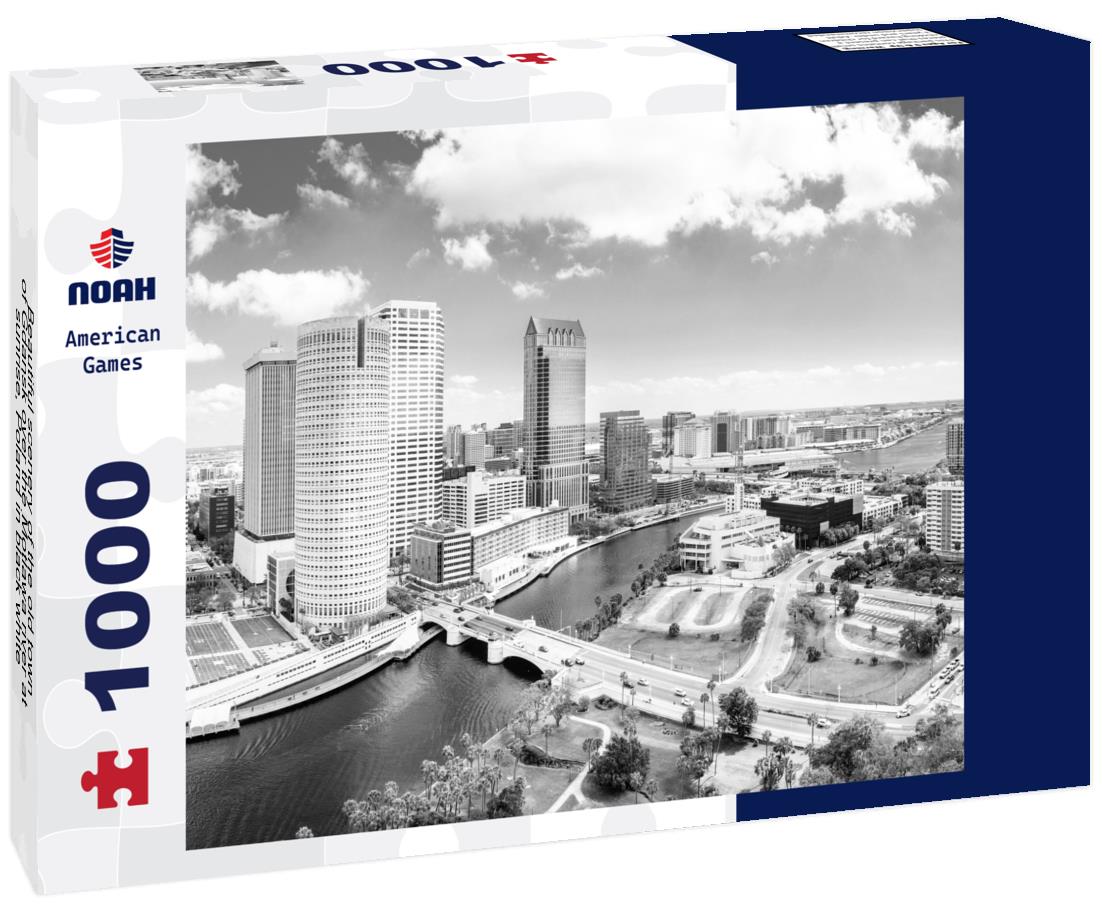 Noah Jigsaw Puzzle Beautiful scenery of the old town of Gdansk over the Motlawa river at sunrise, Poland in black white 1000 pieces