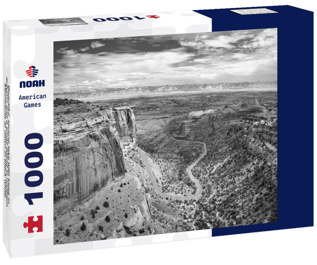 Noah Jigsaw Puzzle Beautiful, serene lake with trees in autumn and a small island in northern Minnesota at dawn in black white 1000 pieces