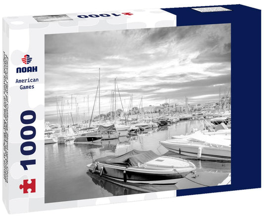 Noah Jigsaw Puzzle Famous view of California Street near China Town and the Financial District, with Chinese pagoda towers and the Bay Bridge at sunset in San Francisco in black white 1000 pieces