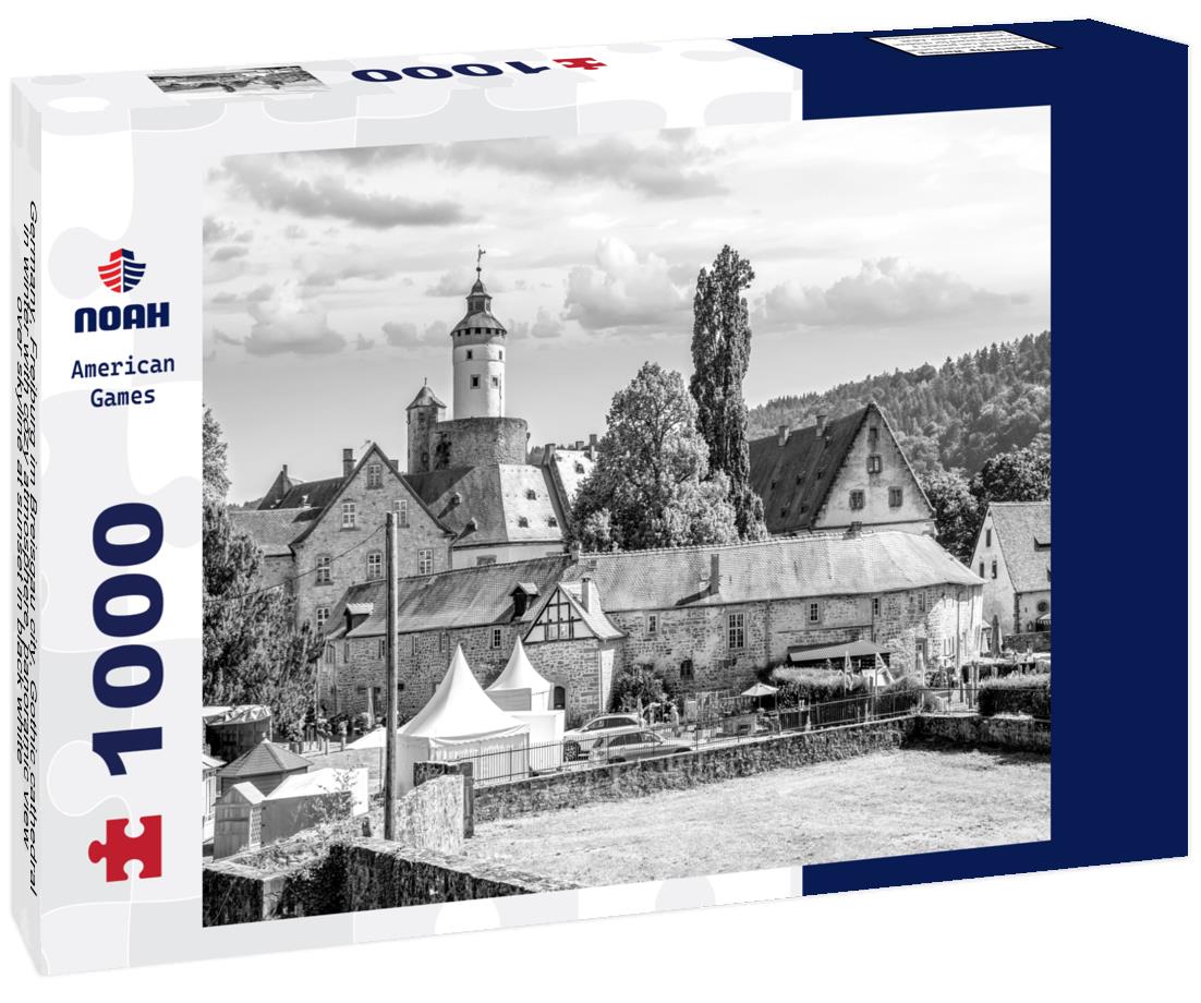 Noah Jigsaw Puzzle Germany, Freiburg im Breisgau city, Gothic cathedral in winter with cozy atmosphere, panoramic view over skyline at sunset in black white 1000 pieces