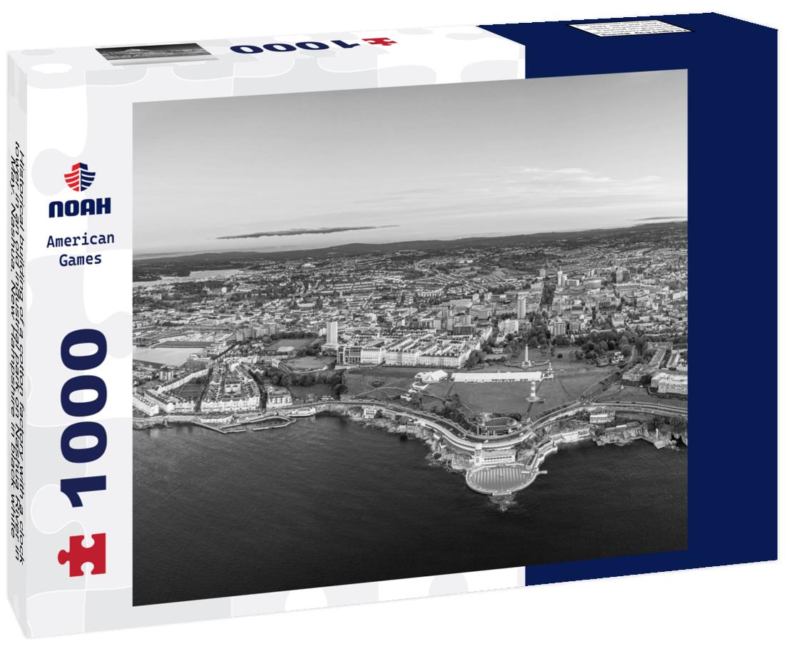 Noah Jigsaw Puzzle Historical building of a cotton factory with a clock tower in an old industrial park on Nashua River in May. Nashua, New Hampshire in black white 1000 pieces