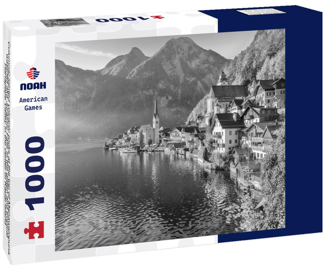 Noah Jigsaw Puzzle Columnar jointed volcanic rocks at the top of Manawaiopuna waterfall aka Jurassic Falls in the green and tropical Hanapepe Valley in the center of Kauai island, Hawaii, USA in black white 1000 pieces