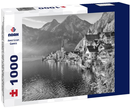 Noah Jigsaw Puzzle Columnar jointed volcanic rocks at the top of Manawaiopuna waterfall aka Jurassic Falls in the green and tropical Hanapepe Valley in the center of Kauai island, Hawaii, USA in black white 1000 pieces