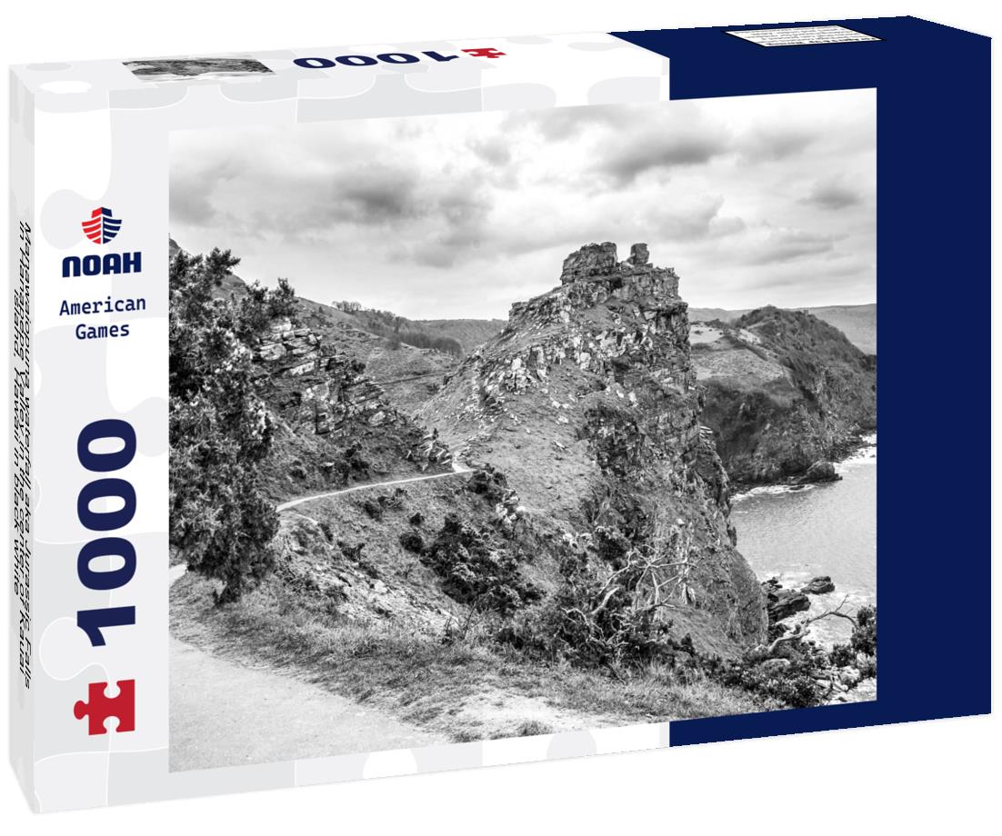 Noah Jigsaw Puzzle Manawaiopuna waterfall aka Jurassic Falls in Hanapepe Valley in the center of Kauai island, Hawaii in black white 1000 pieces