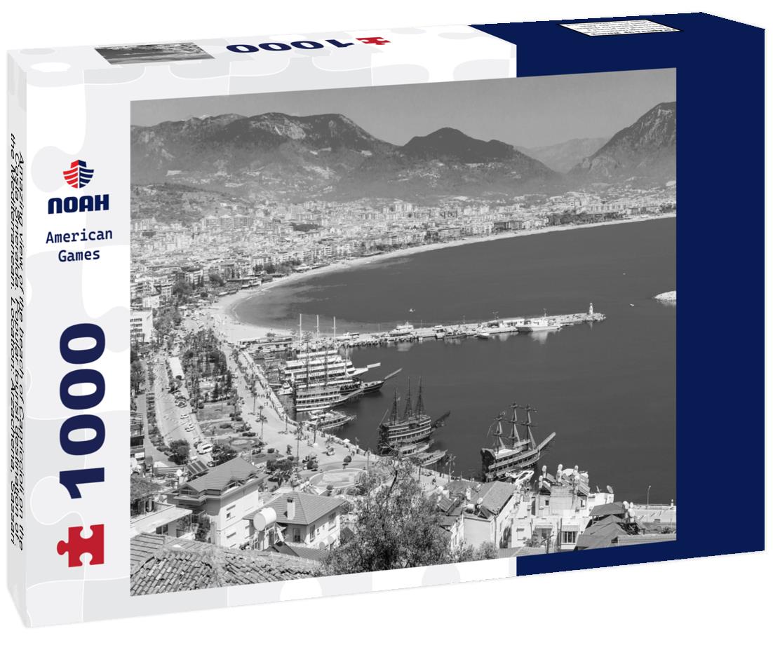 Noah Jigsaw Puzzle Amazing view of the beach of Capriccioli on the Costa Smeralda. Popular tourist destination of the Mediterranean. Location: Arzachena, Sassari province, Sardinia, Italy in black white 1000 pieces