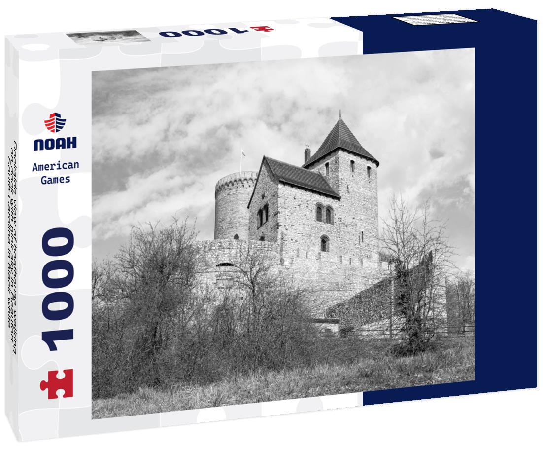 Noah Jigsaw Puzzle Dockside view of boathouse walking on dock with pink sky in Beaufort, South Carolina in black white 1000 pieces