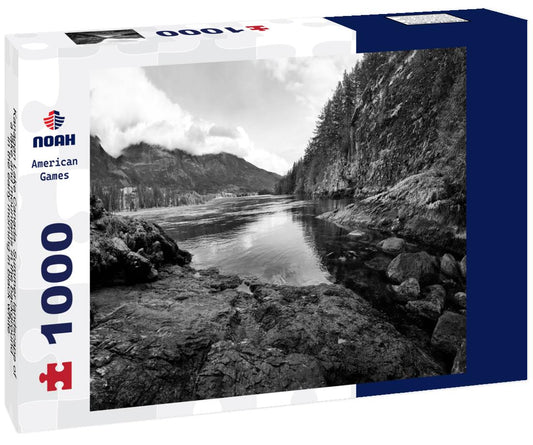Noah Jigsaw Puzzle Kanagan Lake Canada. Summer landscape of a lake and mountains in the background in the early morning in black white 1000 pieces