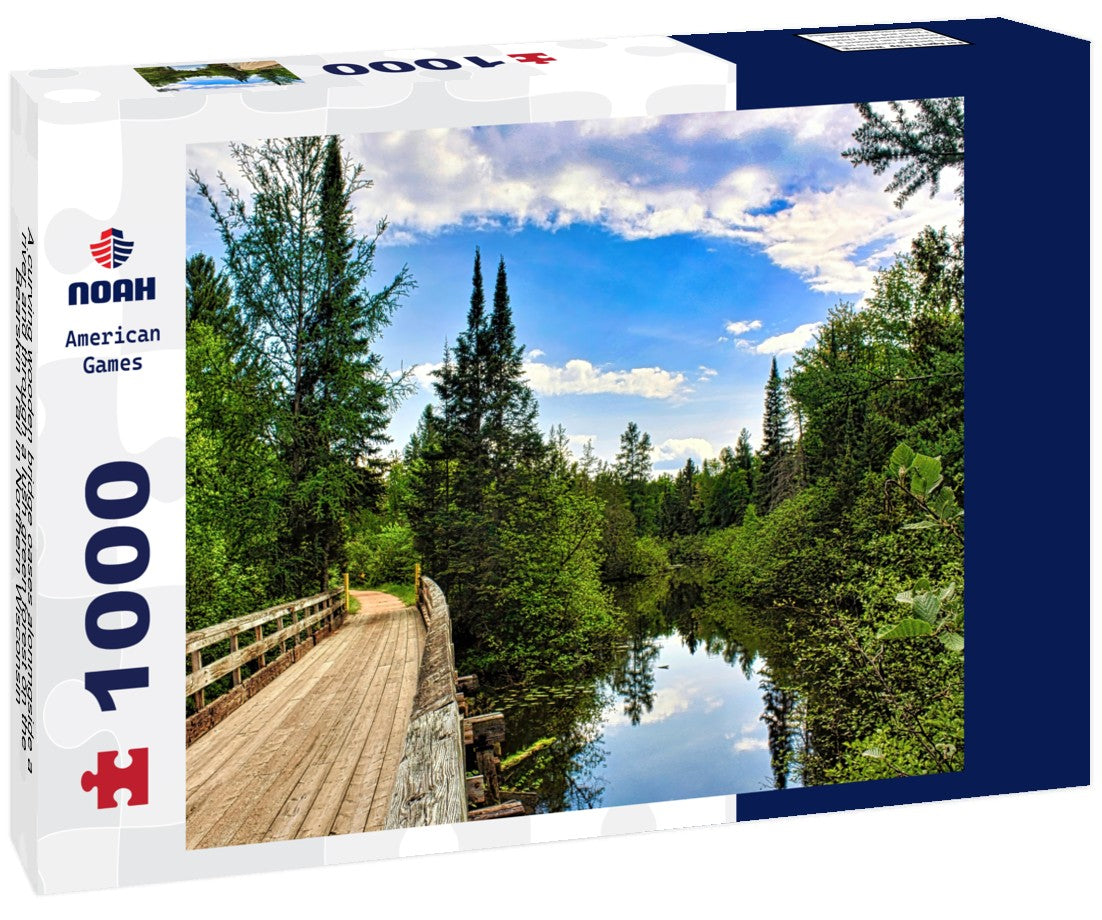 Noah Jigsaw Puzzle A curving wooden bridge oases alonmgside a river and through a lush green forest on the Bearskin Trail in Northern Wisconsin 1000 pieces